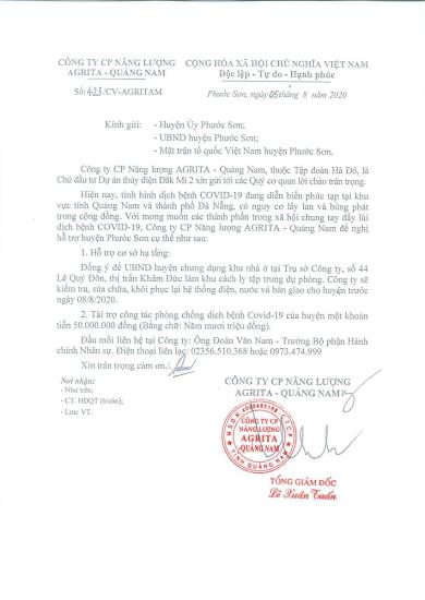 Công ty CPNăng lượng Agrita - Quảng Nam tài trợ 50 triệu đồng cho công tác phòng chống dịch bện Covid 19 tại Huyện Phước Sơn